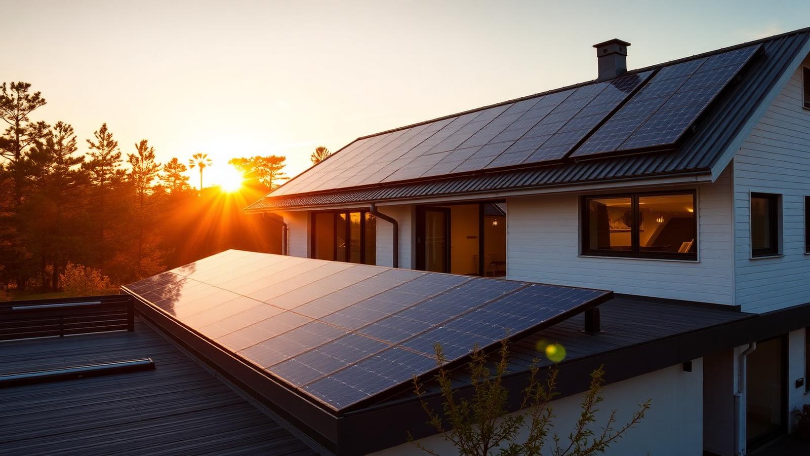 Solpaneler på taket av en modern svensk villa i kvällsljus